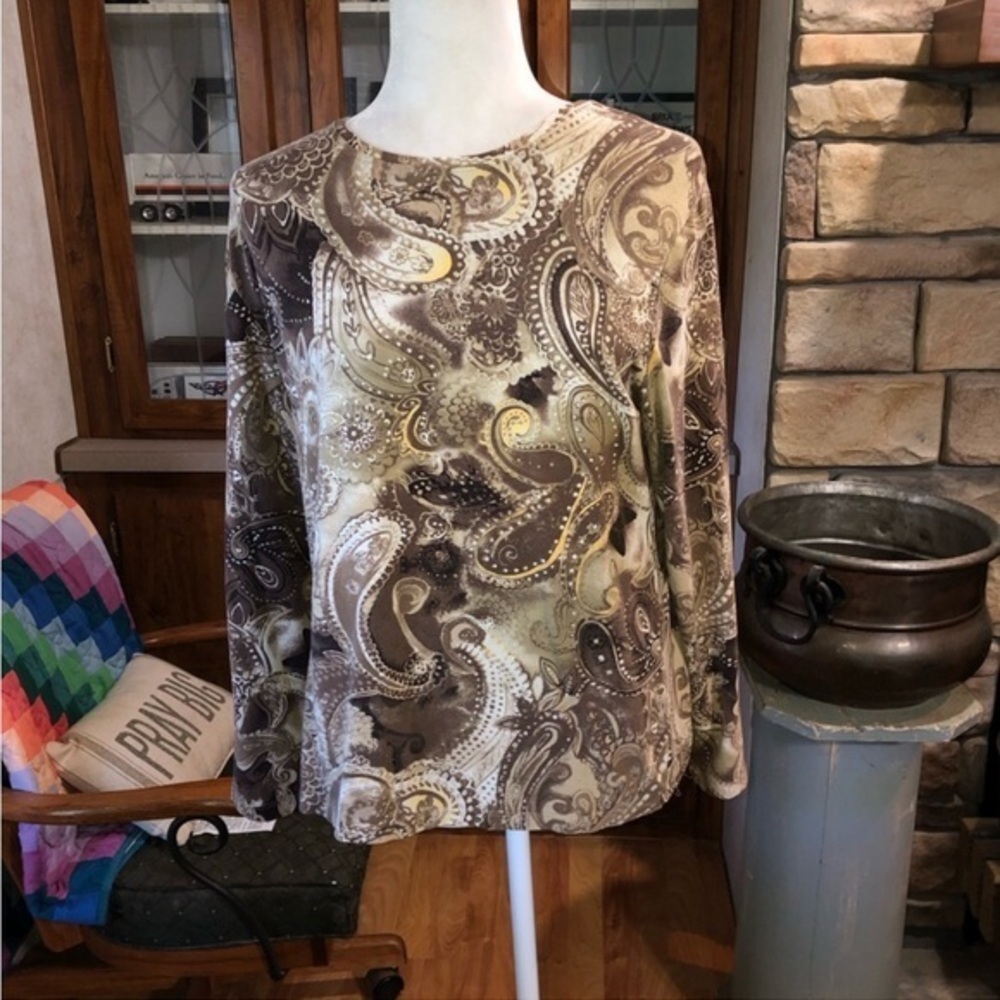 CHICOS SIZE 3 SIZE XLARGE SIZE 16 BROWN & TAN PAISLEY PATTERN LING SLEEVE BLOUSE